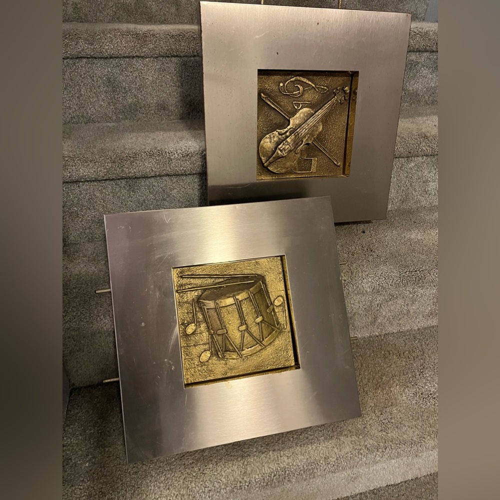 Vintage Curtis Jere Abstract Mixed Metal Wall Sculpture set of 2 Violin & Drum